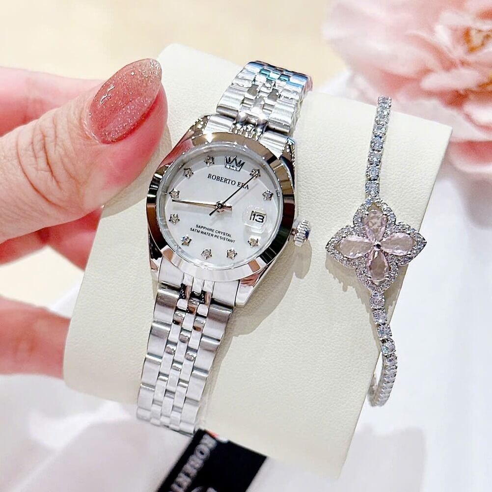 Đồng Hồ Nữ Roberto Era Dây Thép Silver Mặt Xà Cừ Trắng Niềng Trơn Size 28mm RE1201B