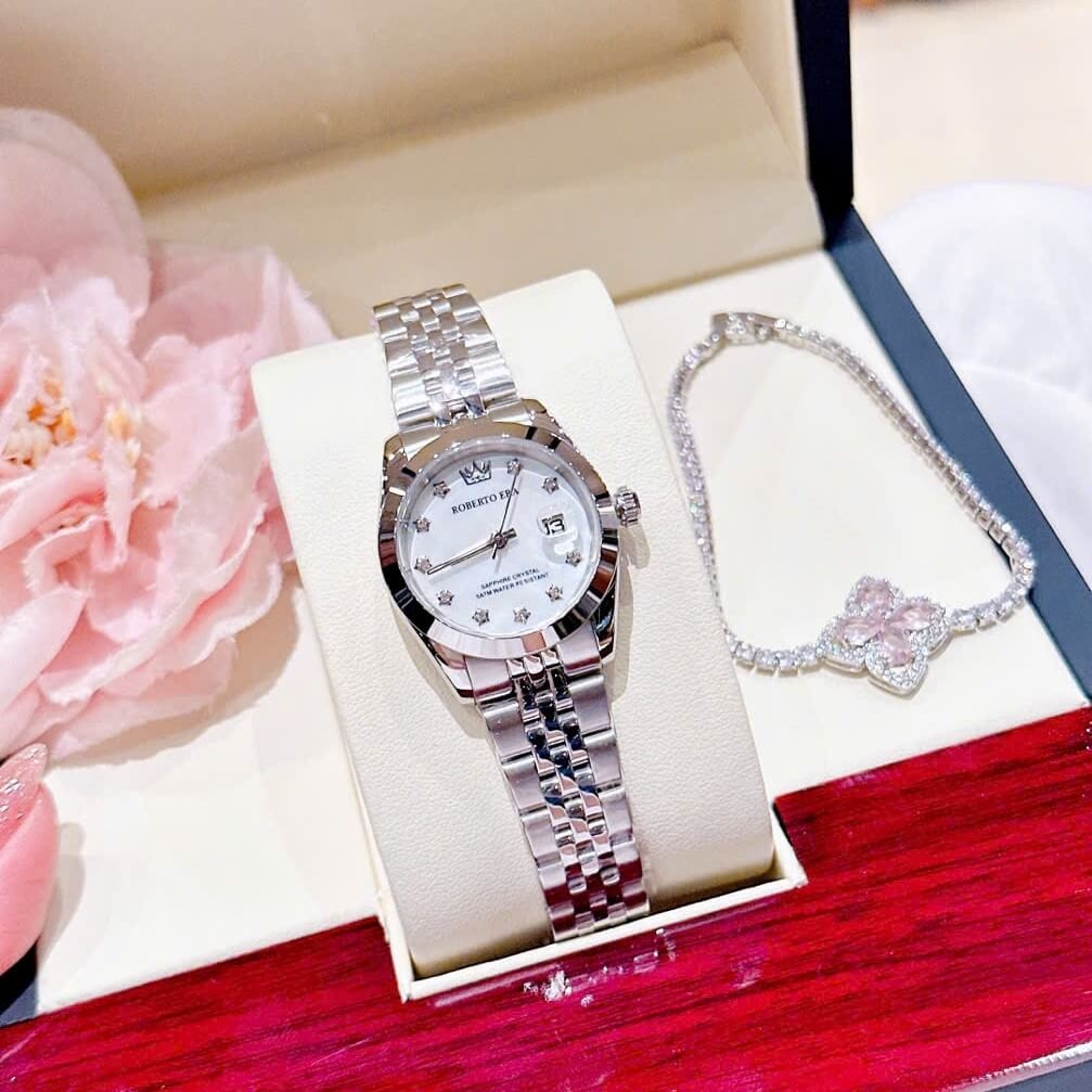 Đồng Hồ Nữ Roberto Era Dây Thép Silver Mặt Xà Cừ Trắng Niềng Trơn Size 28mm RE1201B
