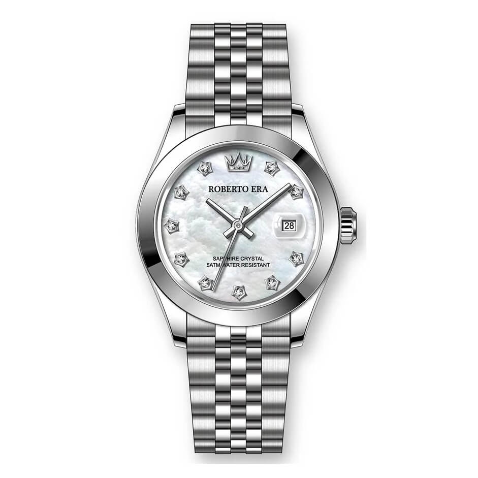 Đồng Hồ Nữ Roberto Era Dây Thép Silver Mặt Xà Cừ Trắng Niềng Trơn Size 28mm RE1201B