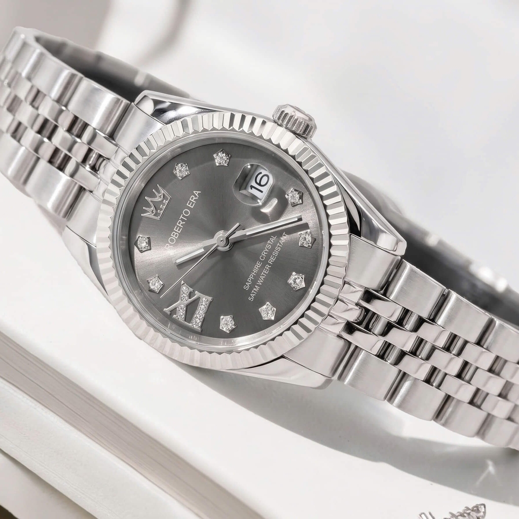 Đồng Hồ Nữ Roberto Era Dây Thép Silver Mặt Xám Niềng Khía Size 28mm RE1204