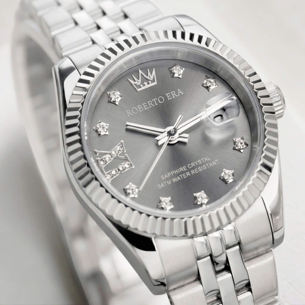 Đồng Hồ Nữ Roberto Era Dây Thép Silver Mặt Xám Niềng Khía Size 28mm RE1204