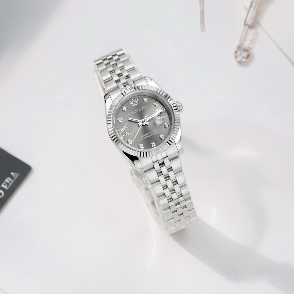 Đồng Hồ Nữ Roberto Era Dây Thép Silver Mặt Xám Niềng Khía Size 28mm RE1204