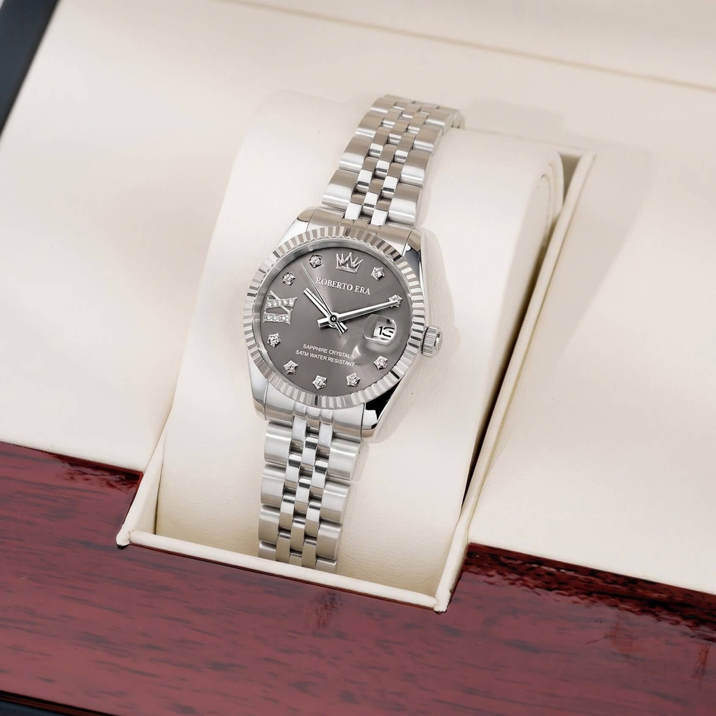 Đồng Hồ Nữ Roberto Era Dây Thép Silver Mặt Xám Niềng Khía Size 28mm RE1204