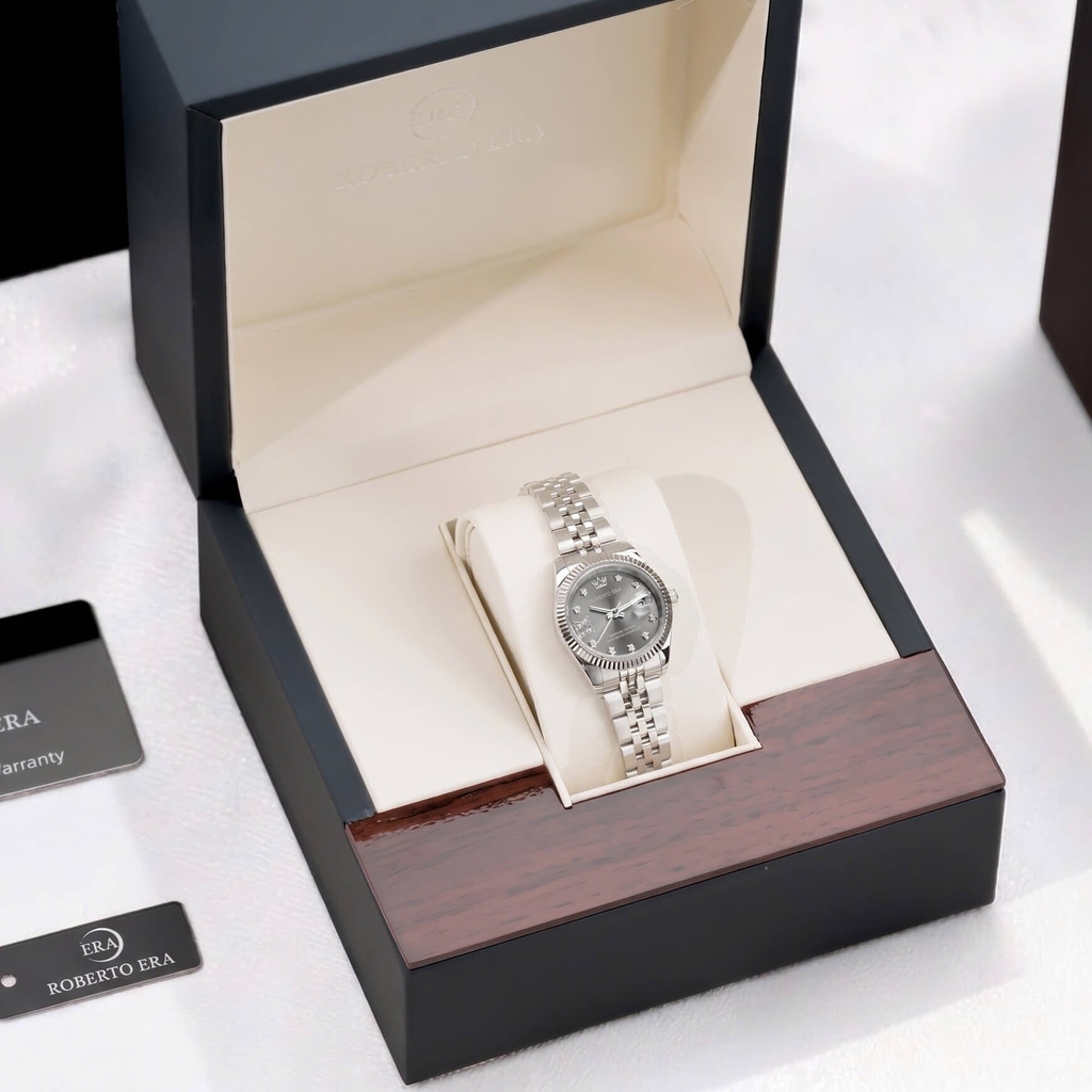 Đồng Hồ Nữ Roberto Era Dây Thép Silver Mặt Xám Niềng Khía Size 28mm RE1204