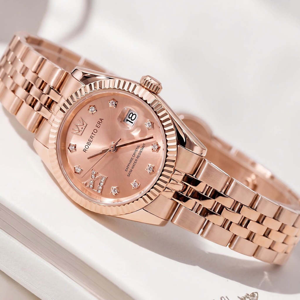 Đồng Hồ Nữ Roberto Era Dây Thép Vàng Hồng Niềng Khía Size 28mm RE1203