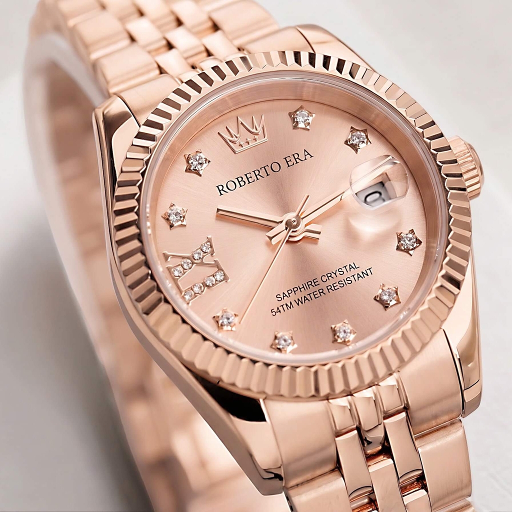 Đồng Hồ Nữ Roberto Era Dây Thép Vàng Hồng Niềng Khía Size 28mm RE1203