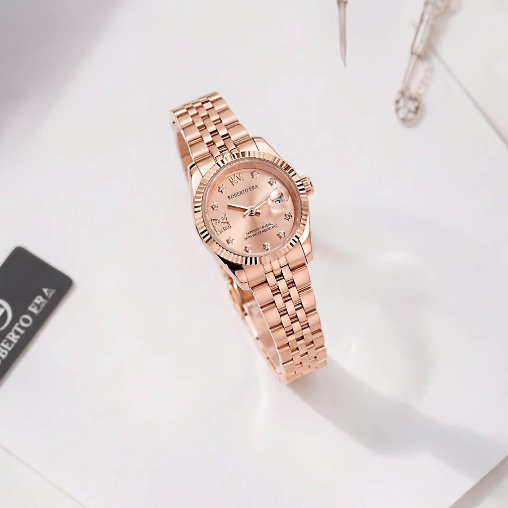 Đồng Hồ Nữ Roberto Era Dây Thép Vàng Hồng Niềng Khía Size 28mm RE1203