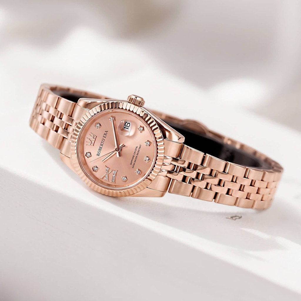 Đồng Hồ Nữ Roberto Era Dây Thép Vàng Hồng Niềng Khía Size 28mm RE1203