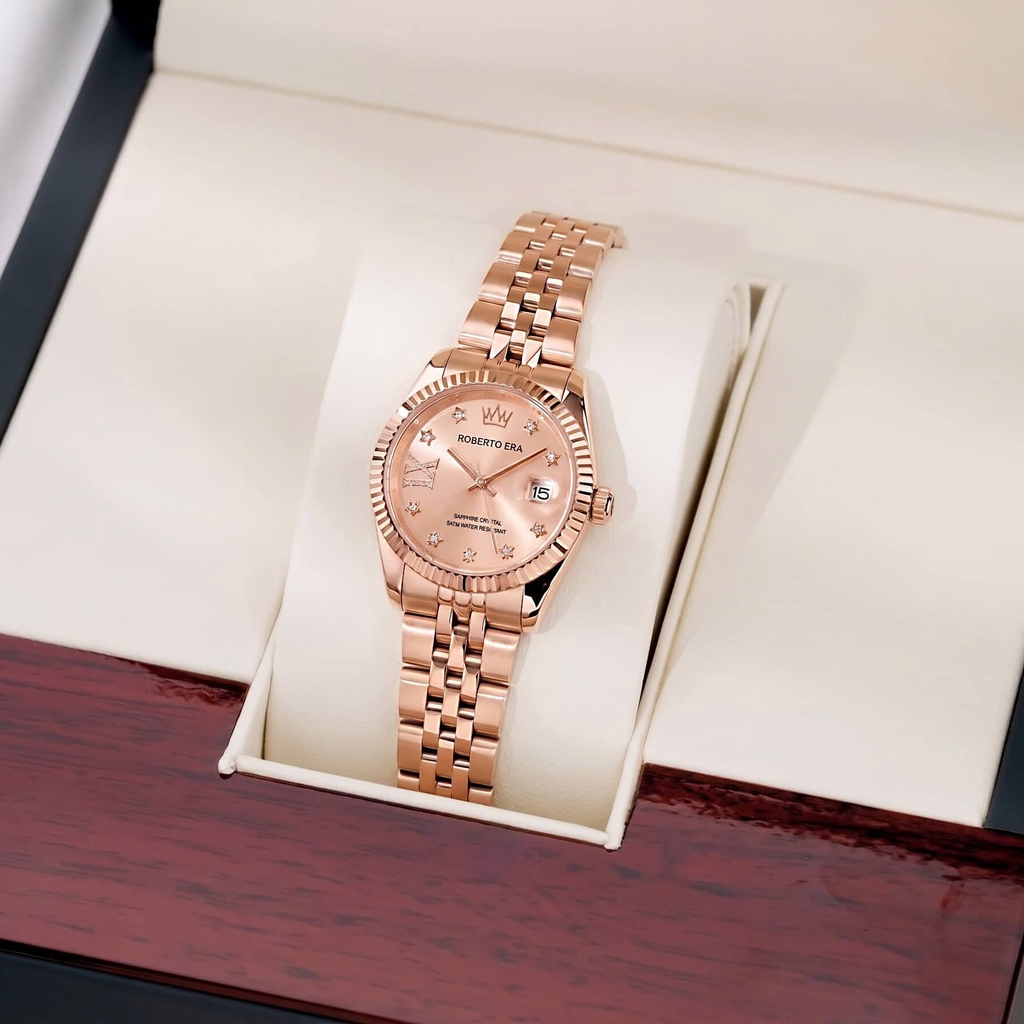 Đồng Hồ Nữ Roberto Era Dây Thép Vàng Hồng Niềng Khía Size 28mm RE1203