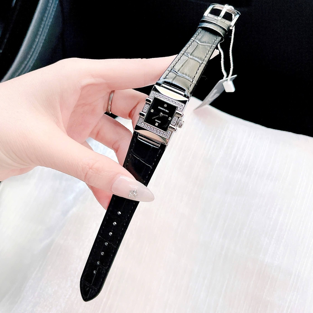 Đồng Hồ Nữ Roberto Era RE1615 Dây Da Đen Mặt Đen Size 20x30mm Tặng Kèm Lắc Tay
