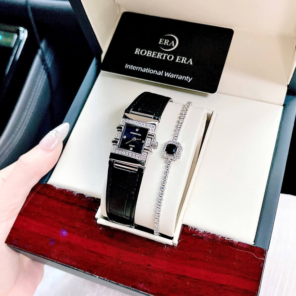 Đồng Hồ Nữ Roberto Era RE1615 Dây Da Đen Mặt Đen Size 20x30mm Tặng Kèm Lắc Tay