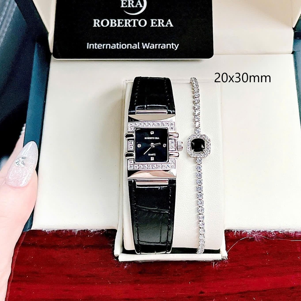 Đồng Hồ Nữ Roberto Era RE1615 Dây Da Đen Mặt Đen Size 20x30mm Tặng Kèm Lắc Tay