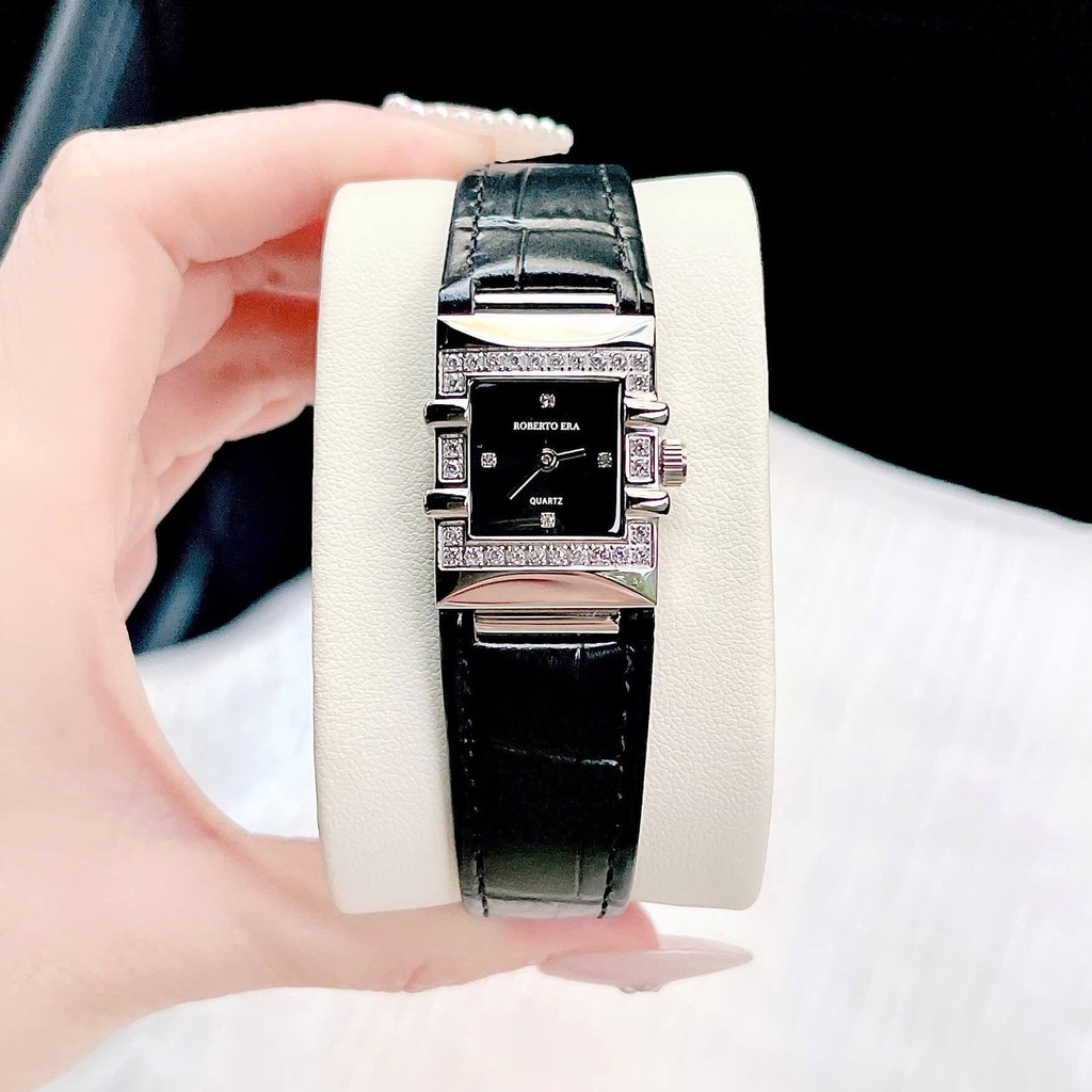 Đồng Hồ Nữ Roberto Era RE1615 Dây Da Đen Mặt Đen Size 20x30mm Tặng Kèm Lắc Tay