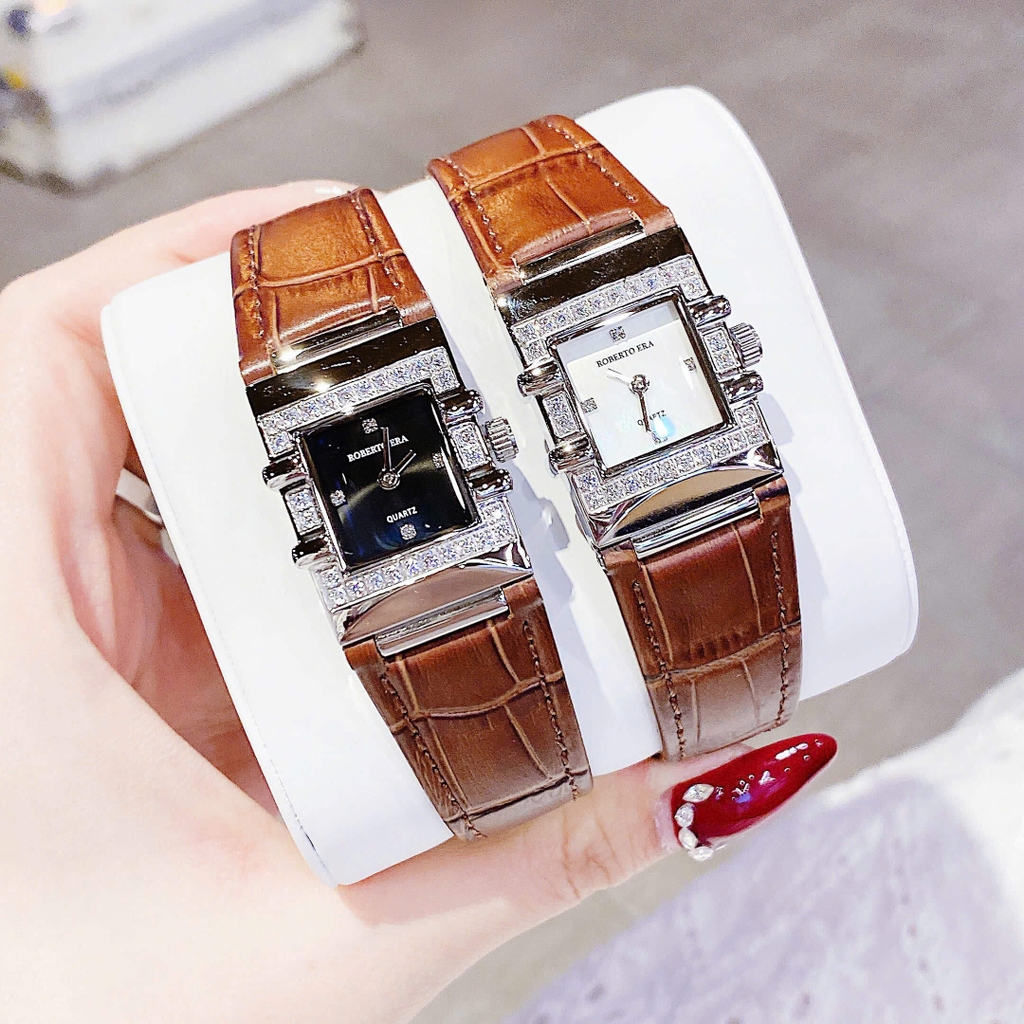 Đồng Hồ Nữ Roberto Era RE1615 Dây Da Nâu Mặt Trắng Size 20x30mm Tặng Kèm Phụ Kiện