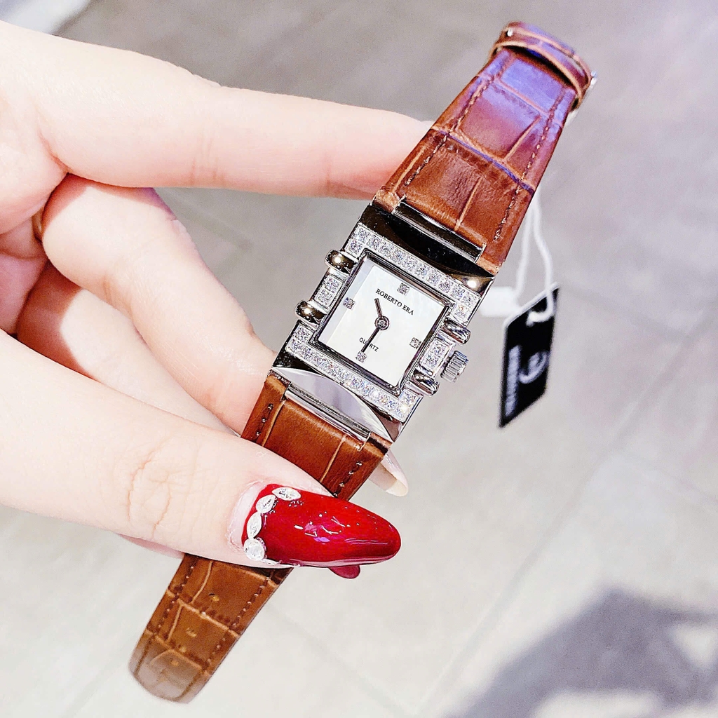 Đồng Hồ Nữ Roberto Era RE1615 Dây Da Nâu Mặt Trắng Size 20x30mm Tặng Kèm Phụ Kiện