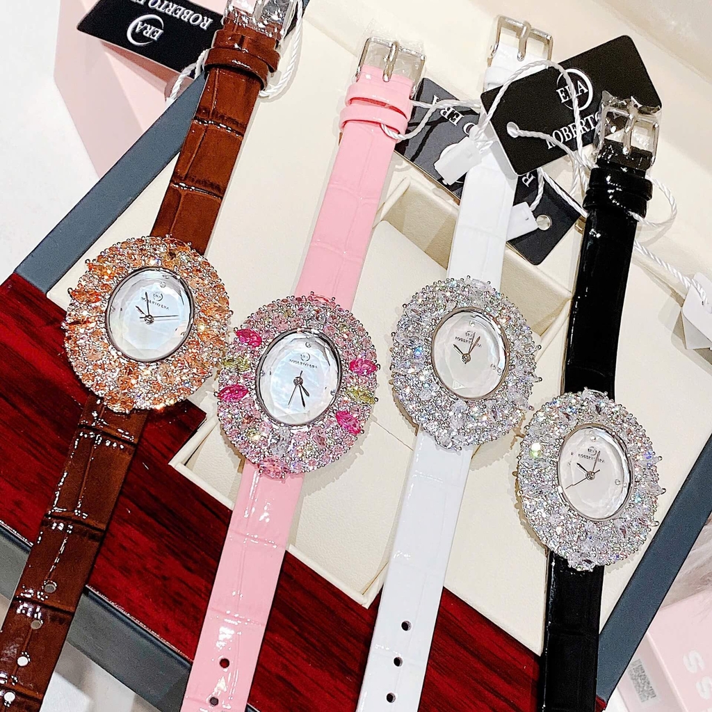 Đồng Hồ Nữ Roberto Era RE5028 Dây Da Đen Mặt Oval Đính Đá Size 34mm Chính Hãng