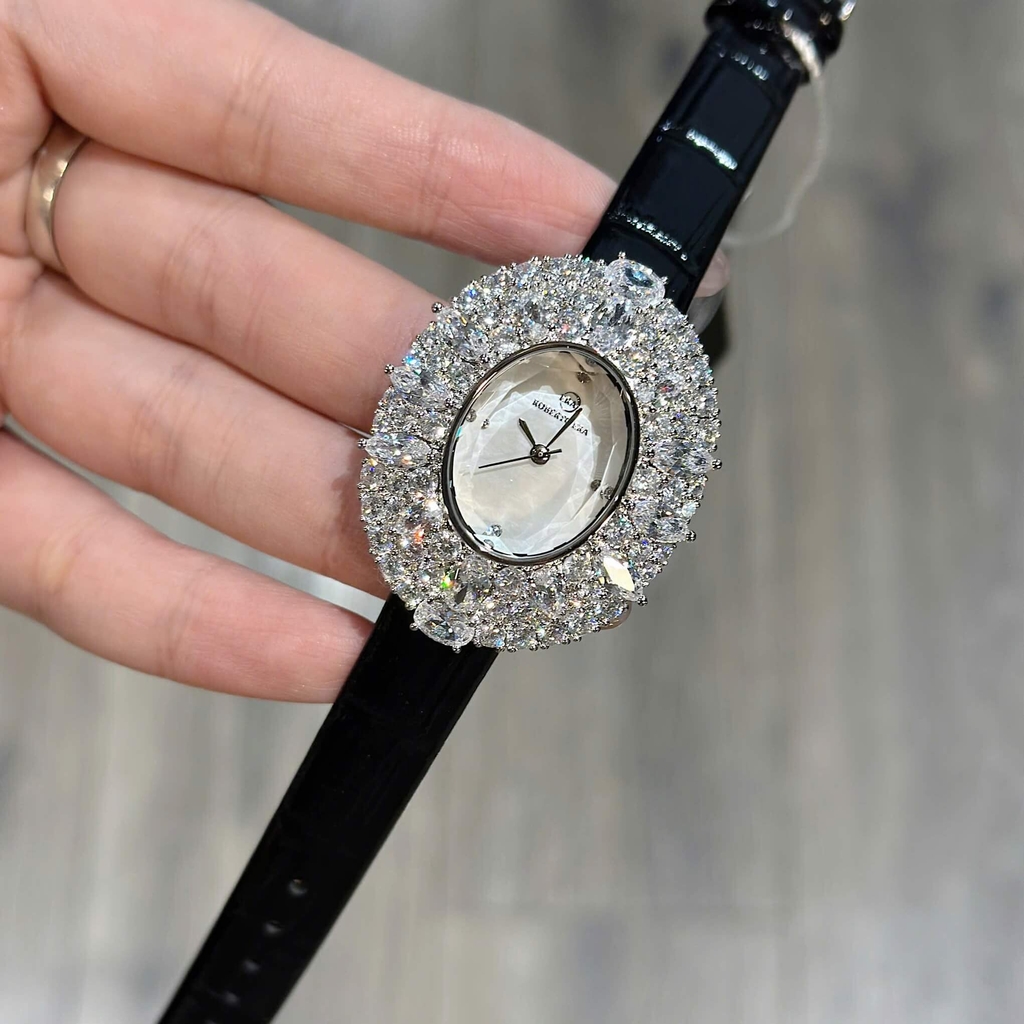Đồng Hồ Nữ Roberto Era RE5028 Dây Da Đen Mặt Oval Đính Đá Size 34mm Chính Hãng
