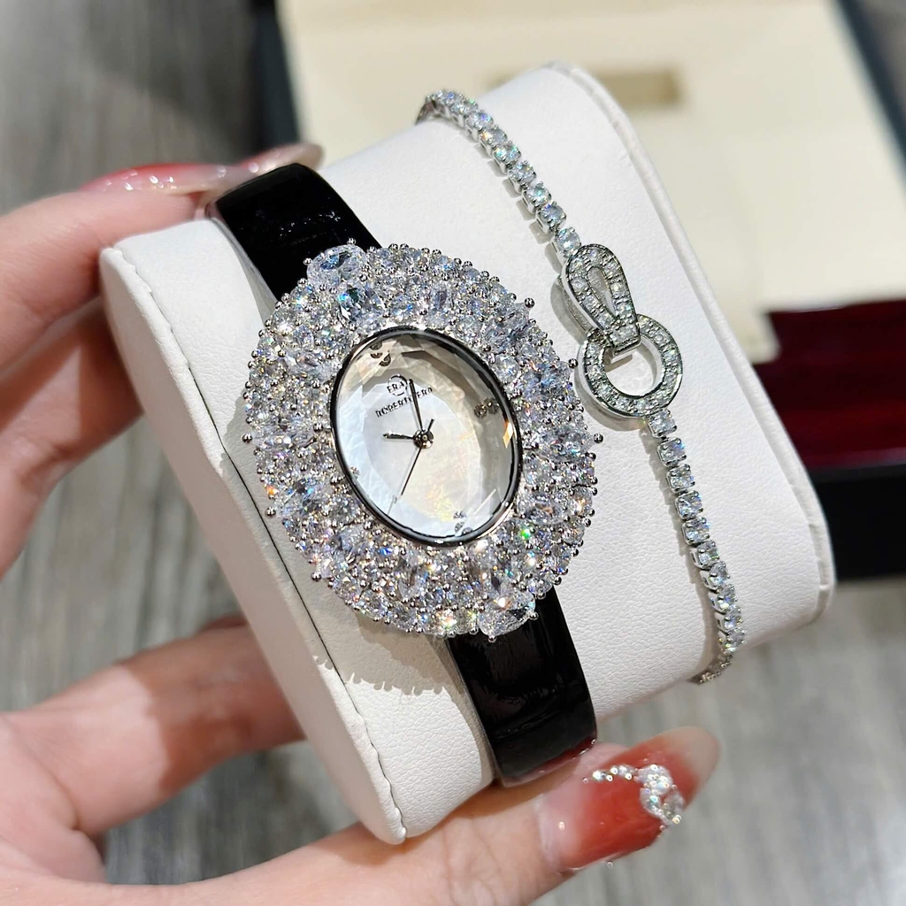 Đồng Hồ Nữ Roberto Era RE5028 Dây Da Đen Mặt Oval Đính Đá Size 34mm Chính Hãng