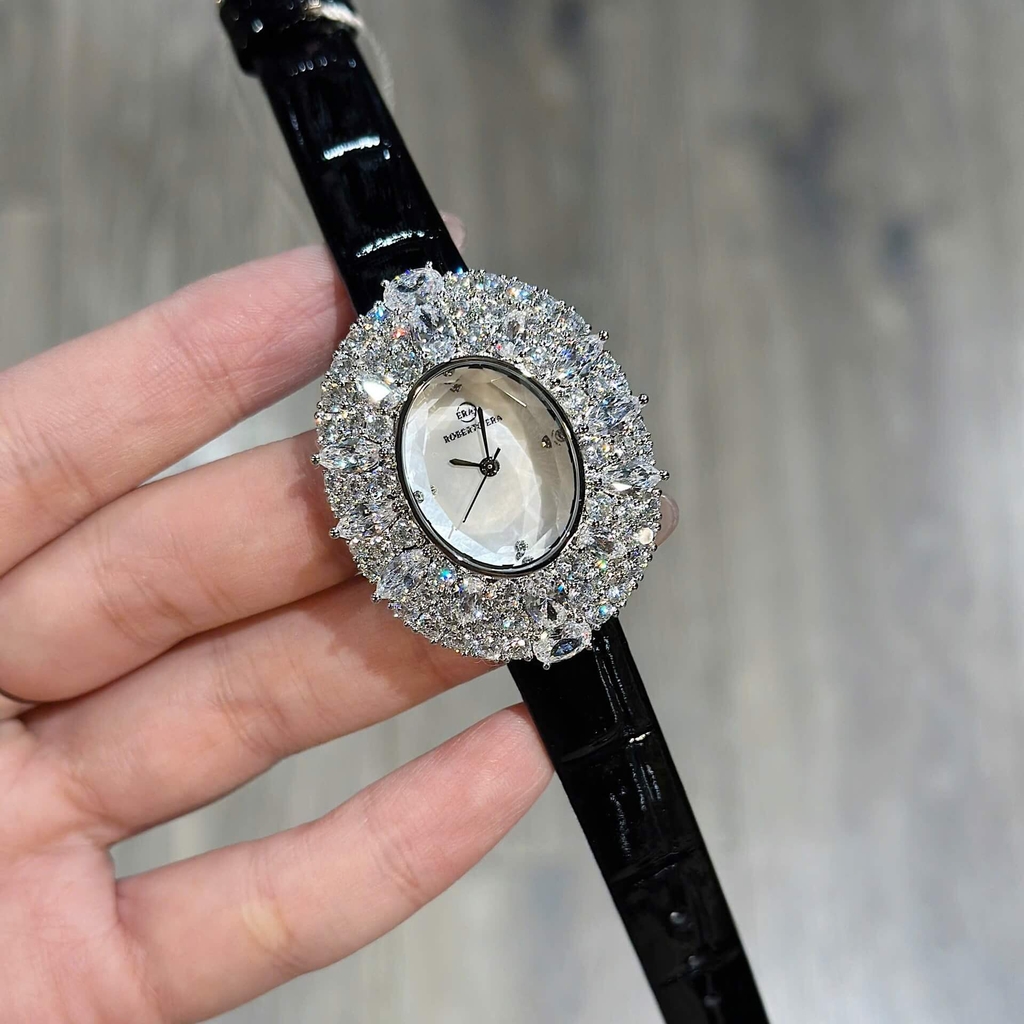 Đồng Hồ Nữ Roberto Era RE5028 Dây Da Đen Mặt Oval Đính Đá Size 34mm Chính Hãng