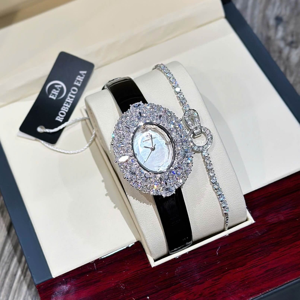 Đồng Hồ Nữ Roberto Era RE5028 Dây Da Đen Mặt Oval Đính Đá Size 34mm Chính Hãng