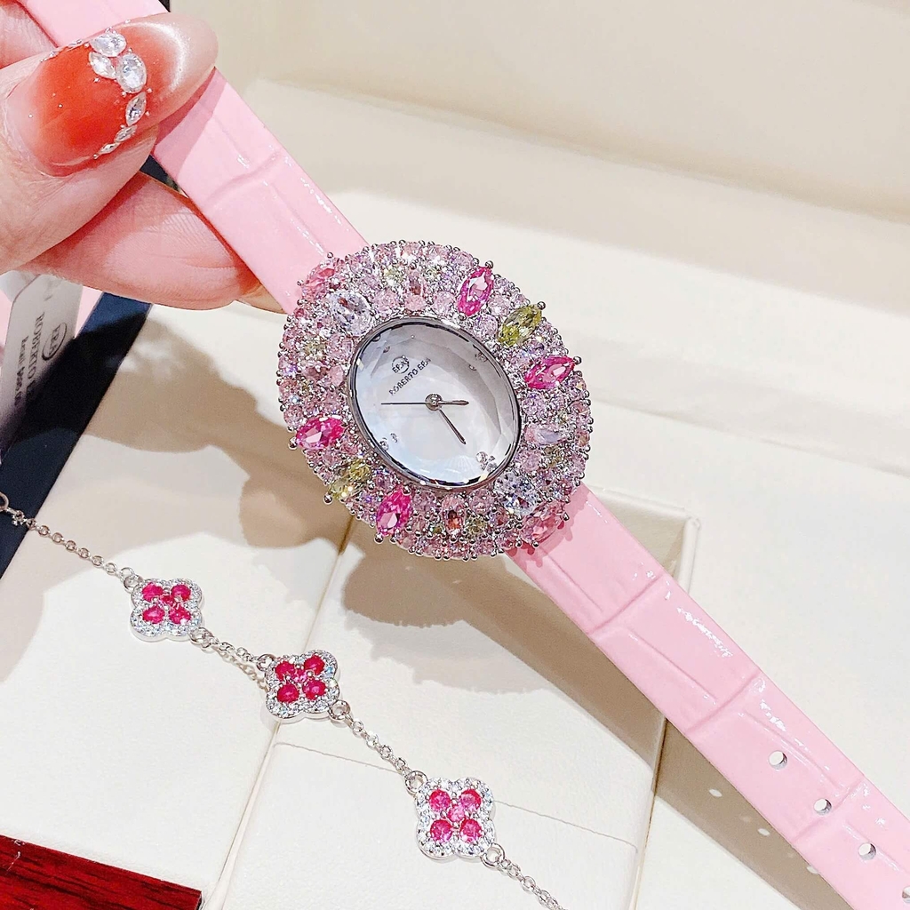Đồng Hồ Nữ Roberto Era RE5028 Dây Da Hồng Mặt Oval Đính Đá Màu Size 34mm Chính Hãng