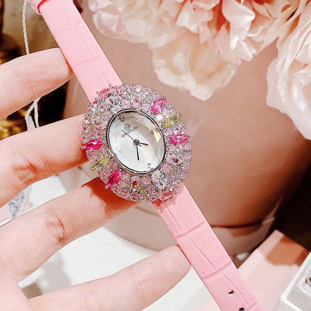 Đồng Hồ Nữ Roberto Era RE5028 Dây Da Hồng Mặt Oval Đính Đá Màu Size 34mm Chính Hãng