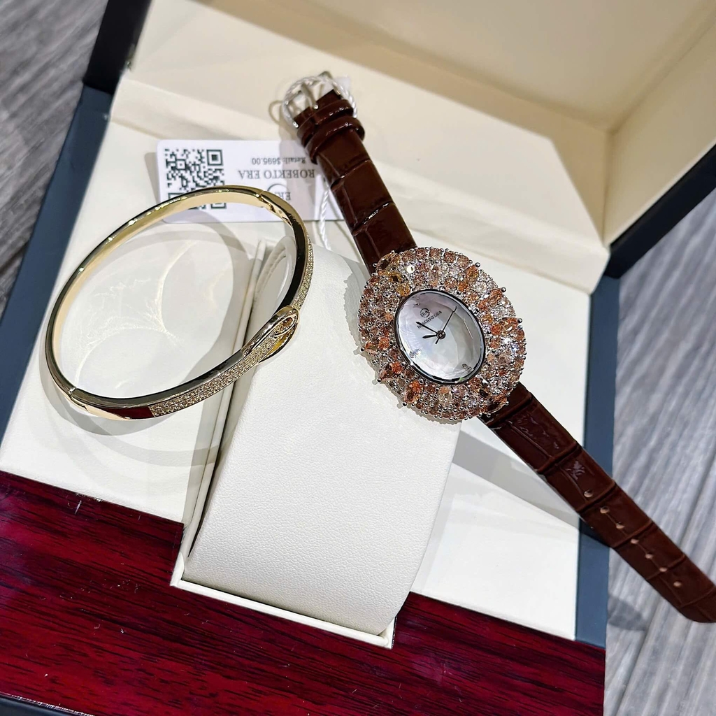 Đồng Hồ Nữ Roberto Era RE5028 Dây Da Nâu Mặt Oval Đính Đá Rose Size 34mm Chính Hãng