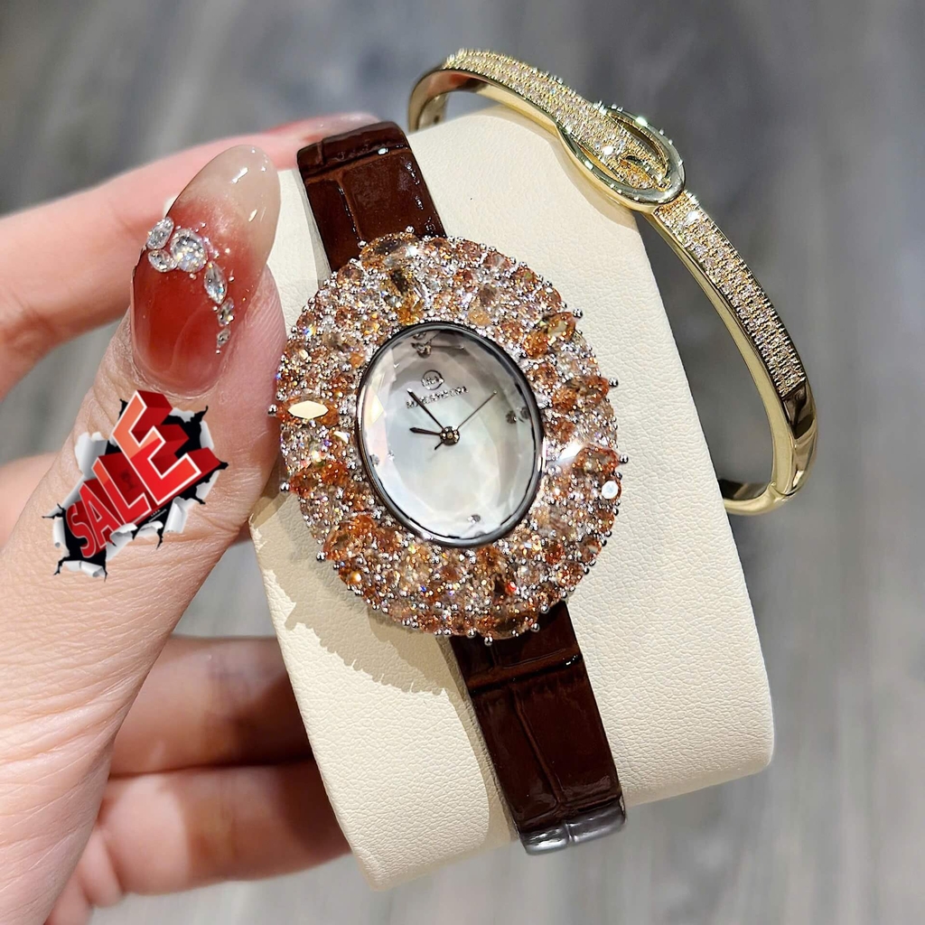 Đồng Hồ Nữ Roberto Era RE5028 Dây Da Nâu Mặt Oval Đính Đá Rose Size 34mm Chính Hãng