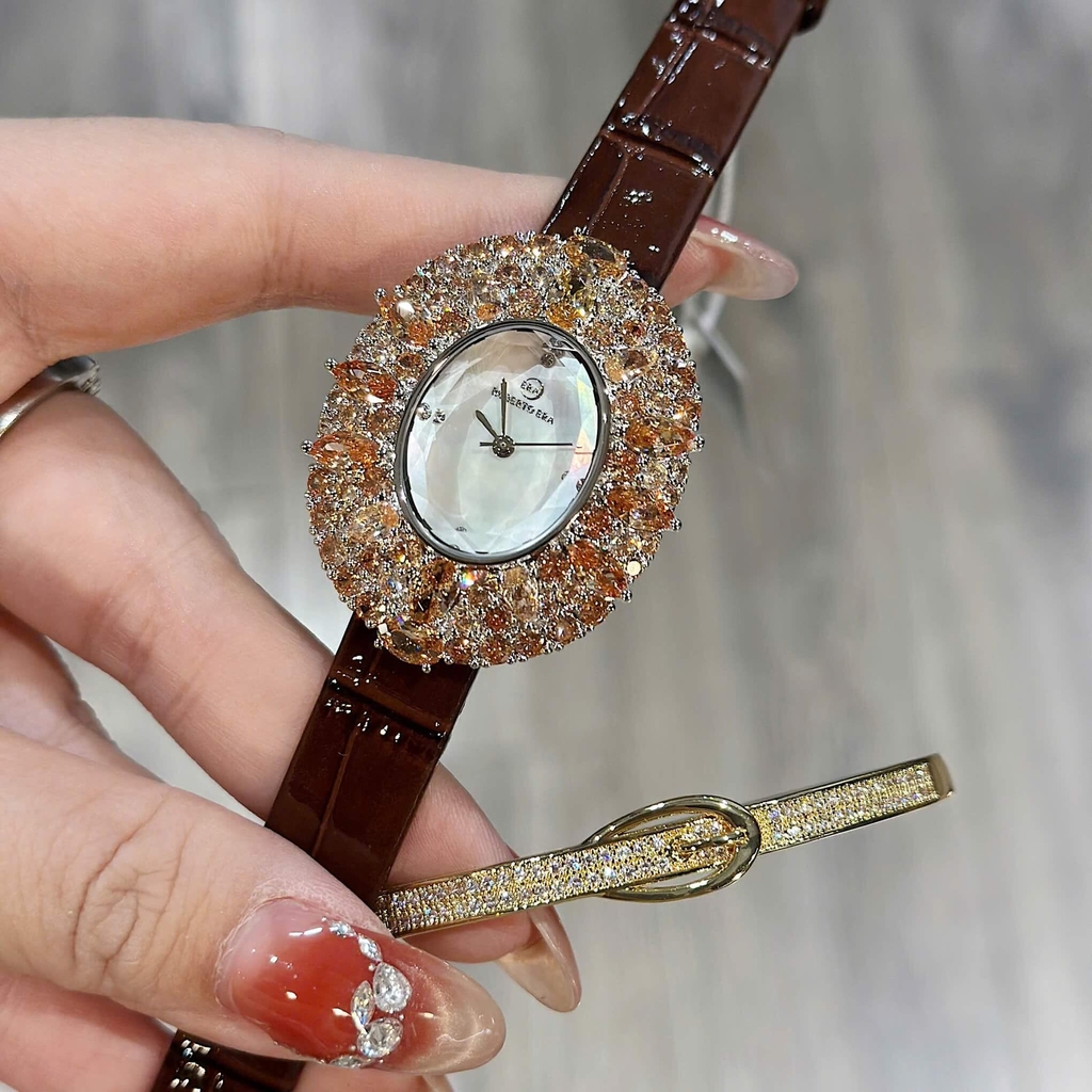 Đồng Hồ Nữ Roberto Era RE5028 Dây Da Nâu Mặt Oval Đính Đá Rose Size 34mm Chính Hãng