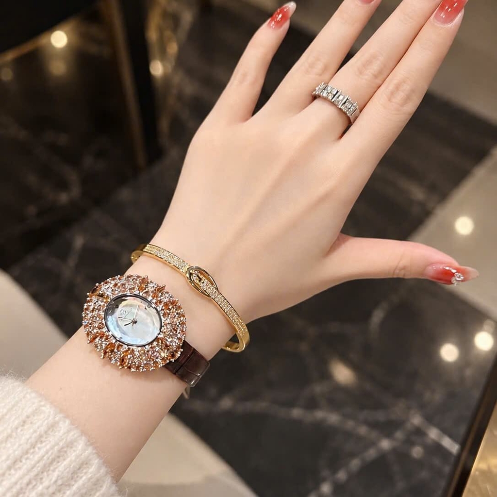 Đồng Hồ Nữ Roberto Era RE5028 Dây Da Nâu Mặt Oval Đính Đá Rose Size 34mm Chính Hãng
