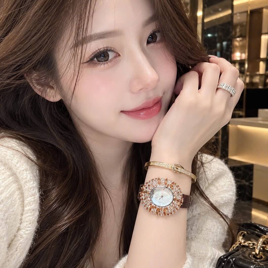 Đồng Hồ Nữ Roberto Era RE5028 Dây Da Nâu Mặt Oval Đính Đá Rose Size 34mm Chính Hãng