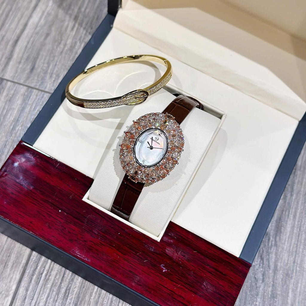 Đồng Hồ Nữ Roberto Era RE5028 Dây Da Nâu Mặt Oval Đính Đá Rose Size 34mm Chính Hãng