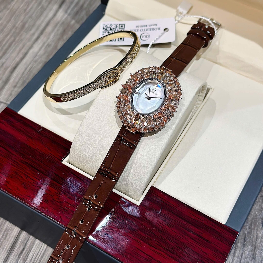 Đồng Hồ Nữ Roberto Era RE5028 Dây Da Nâu Mặt Oval Đính Đá Rose Size 34mm Chính Hãng
