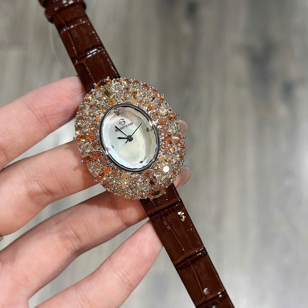 Đồng Hồ Nữ Roberto Era RE5028 Dây Da Nâu Mặt Oval Đính Đá Rose Size 34mm Chính Hãng