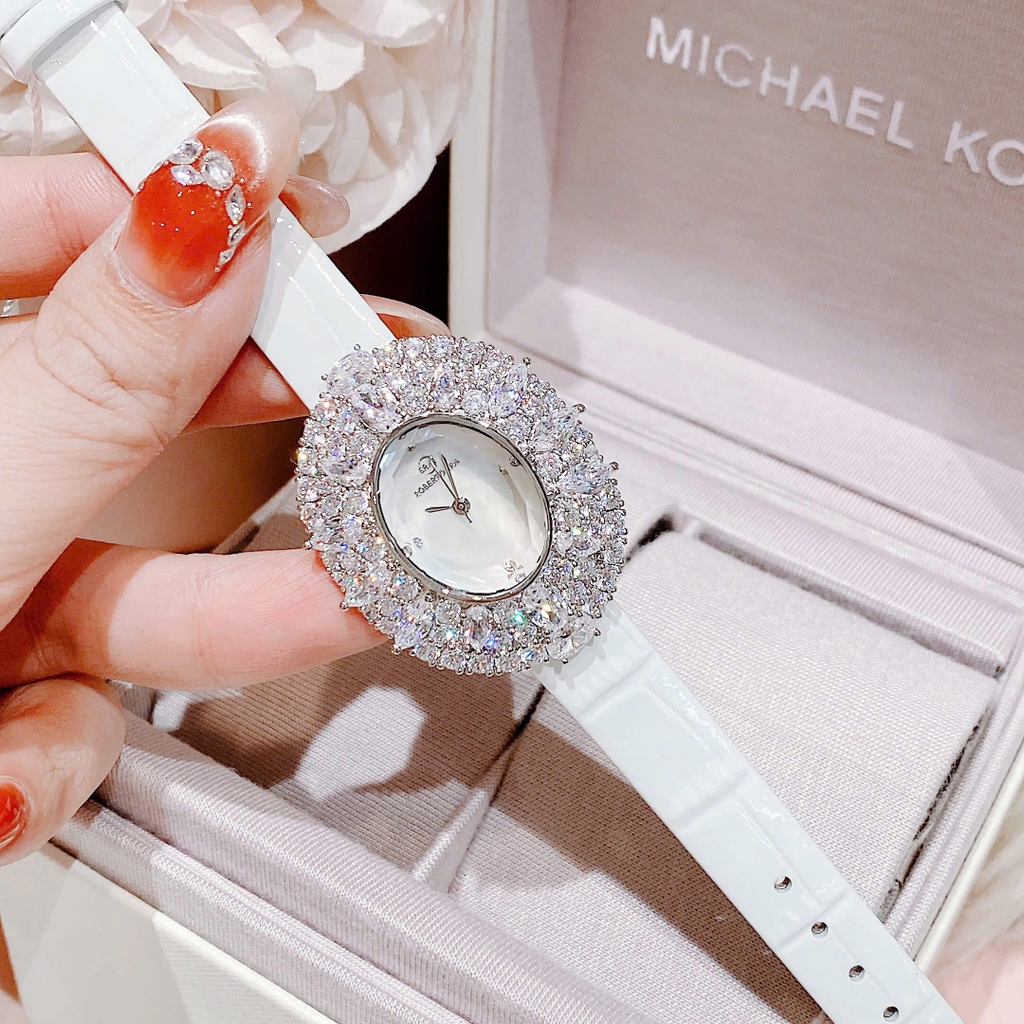 Đồng Hồ Nữ Roberto Era RE5028 Dây Da Trắng Mặt Oval Đính Đá Size 34mm Chính Hãng