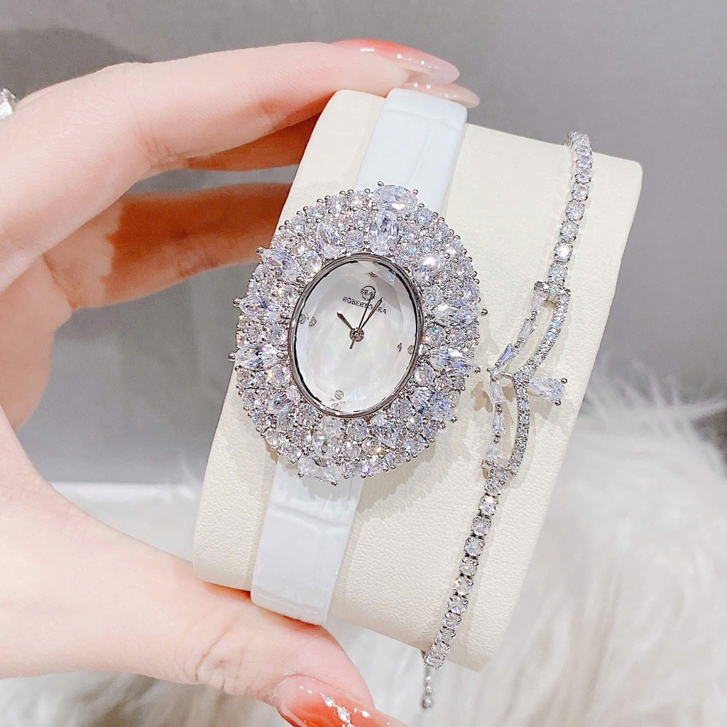 Đồng Hồ Nữ Roberto Era RE5028 Dây Da Trắng Mặt Oval Đính Đá Size 34mm Chính Hãng