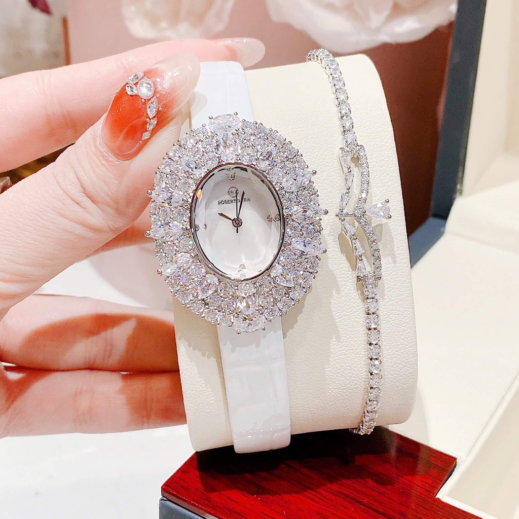 Đồng Hồ Nữ Roberto Era RE5028 Dây Da Trắng Mặt Oval Đính Đá Size 34mm Chính Hãng