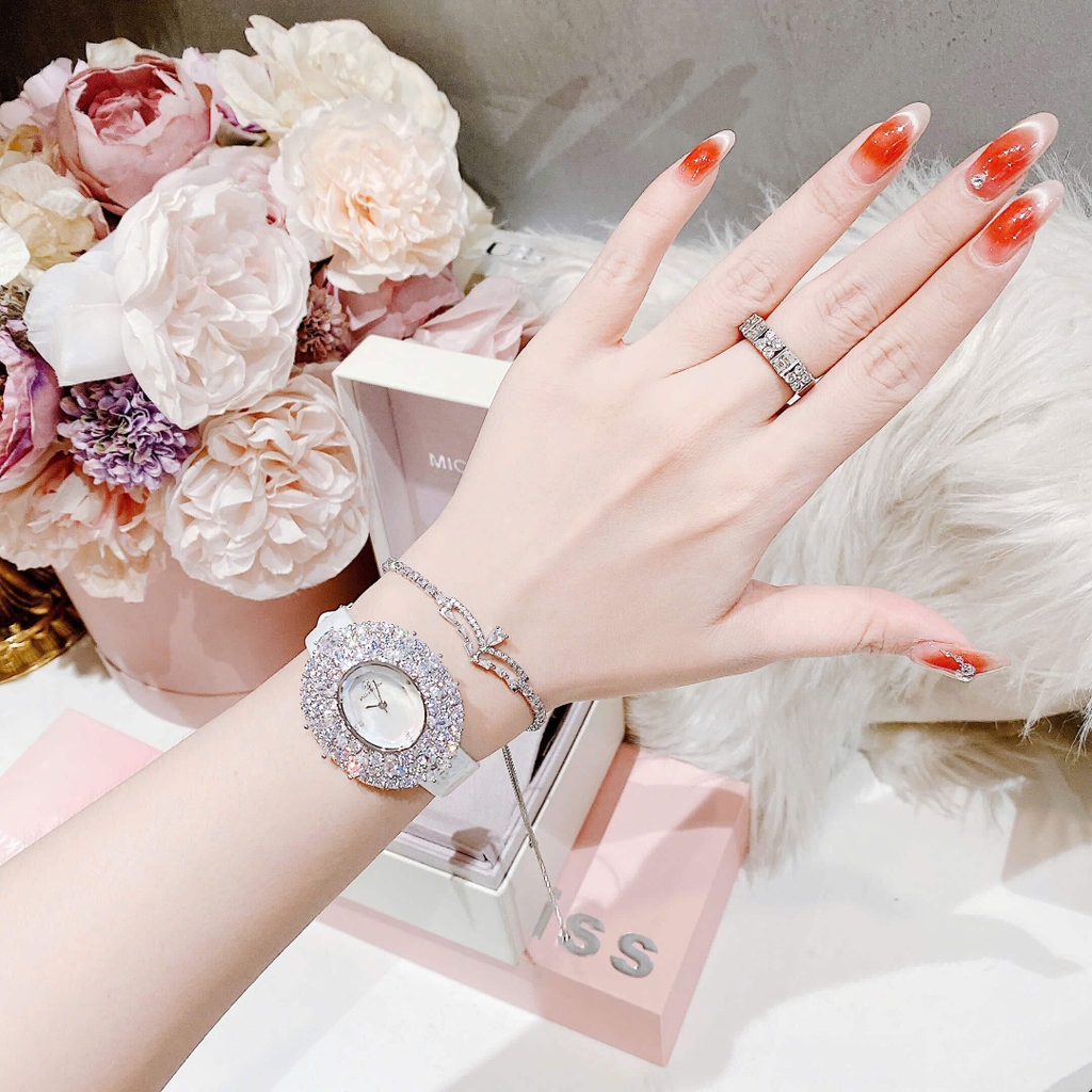 Đồng Hồ Nữ Roberto Era RE5028 Dây Da Trắng Mặt Oval Đính Đá Size 34mm Chính Hãng