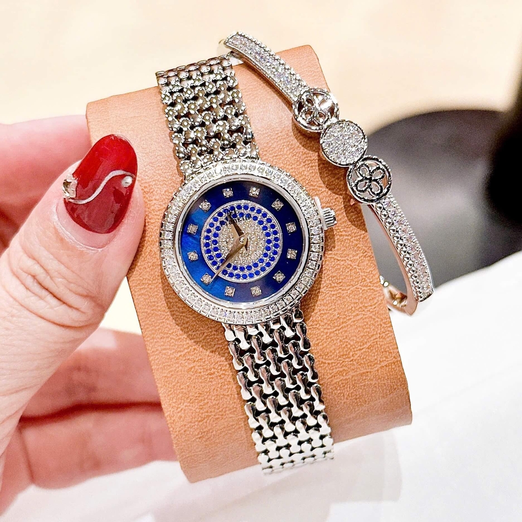 Đồng Hồ Nữ Franklin FL5688 Chính Hãng Dây Thép Silver Mặt Xanh Size 29mm Viền Đá Tặng Kèm Lắc Tay