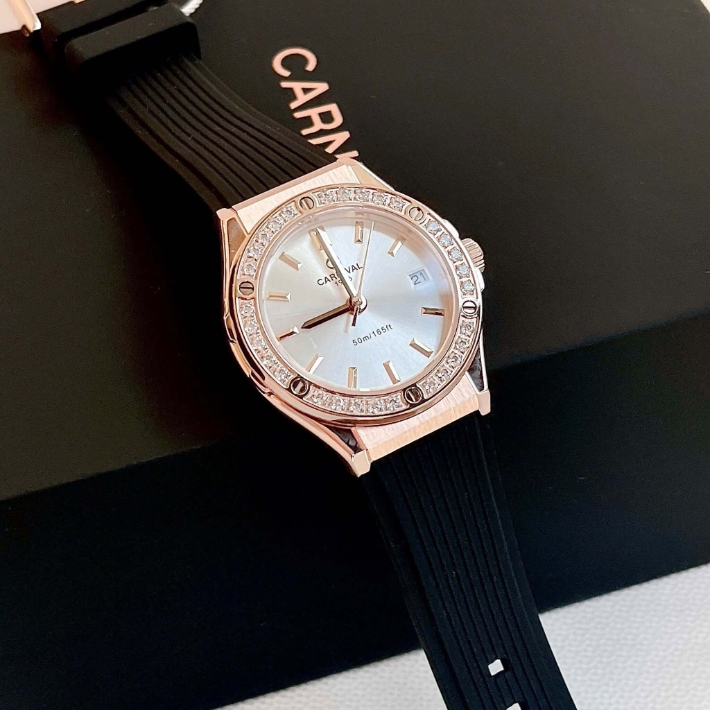 Đồng Hồ Nữ Carnival 8168L2 Dây Cao Su Đen Mặt Trắng Đính Đá Rose Size 34mm Quartz 8168L2 VH-DCS-T