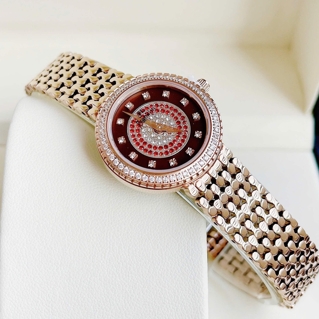 Đồng Hồ Nữ Franklin FL5688 Chính Hãng Dây Thép Vàng Hồng Mặt Nâu Size 29mm Viền Đá Tặng Kèm Phụ Kiện