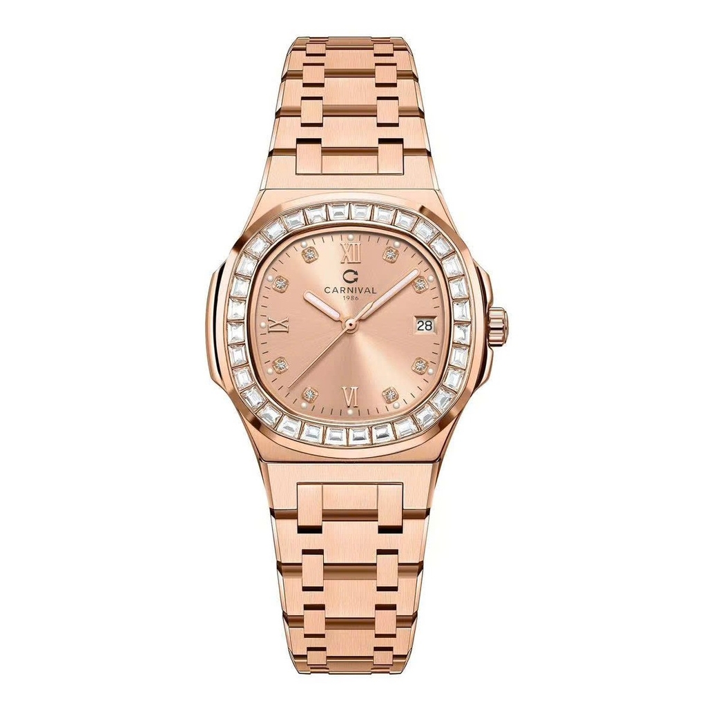 Đồng Hồ Nữ Carnival 8160L2-VH-NN Vàng Hồng Mặt Vàng Hồng Viền Đá Size 34mm Sapphire