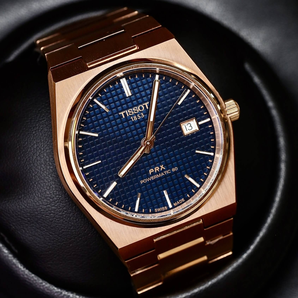 Đồng Hồ Nam Tissot Automatic PRX Powermatic 80 Size 40mm T137.407.33.041.00 (T1374073304100) Màu Vàng Hồng Mặt Xanh Navy