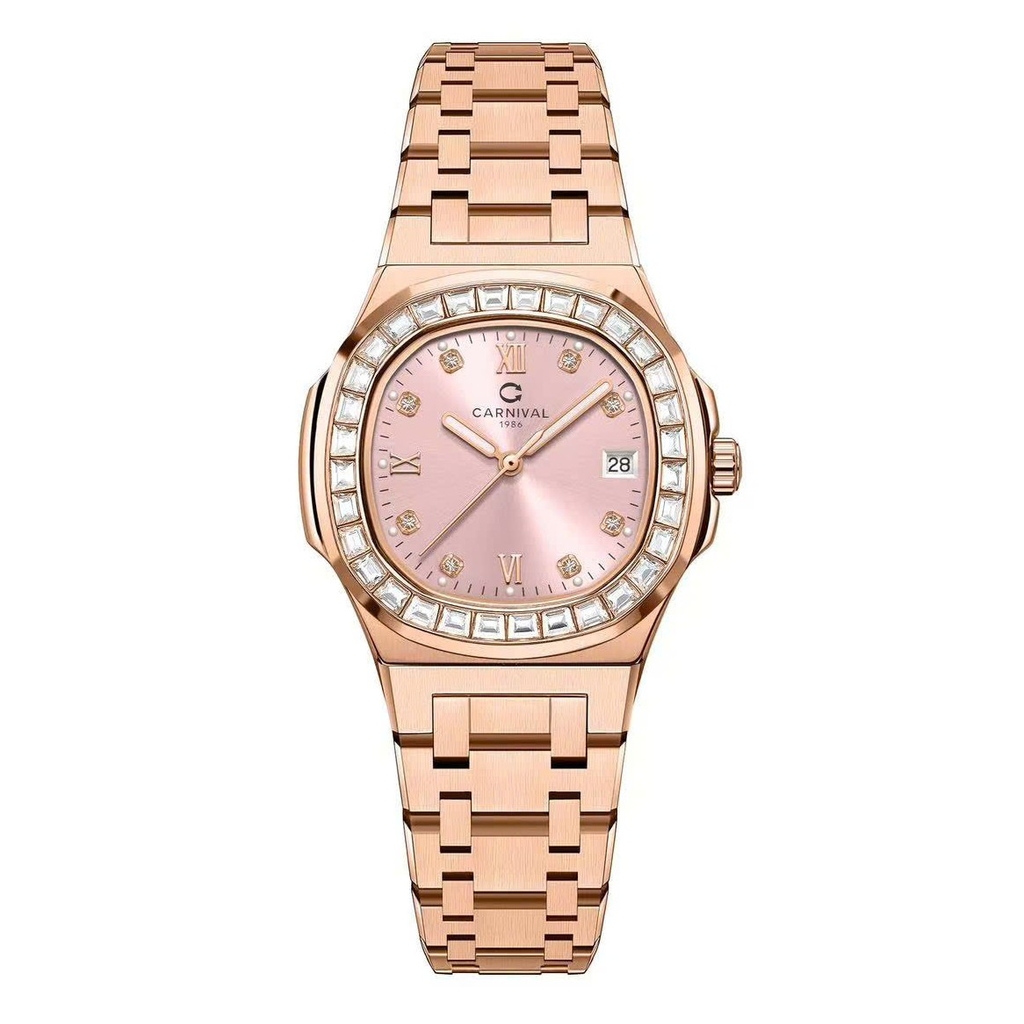 Đồng Hồ Nữ Carnival 8160L2-VH-H Vàng Hồng Mặt Hồng Viền Đá Size 34mm Sapphire