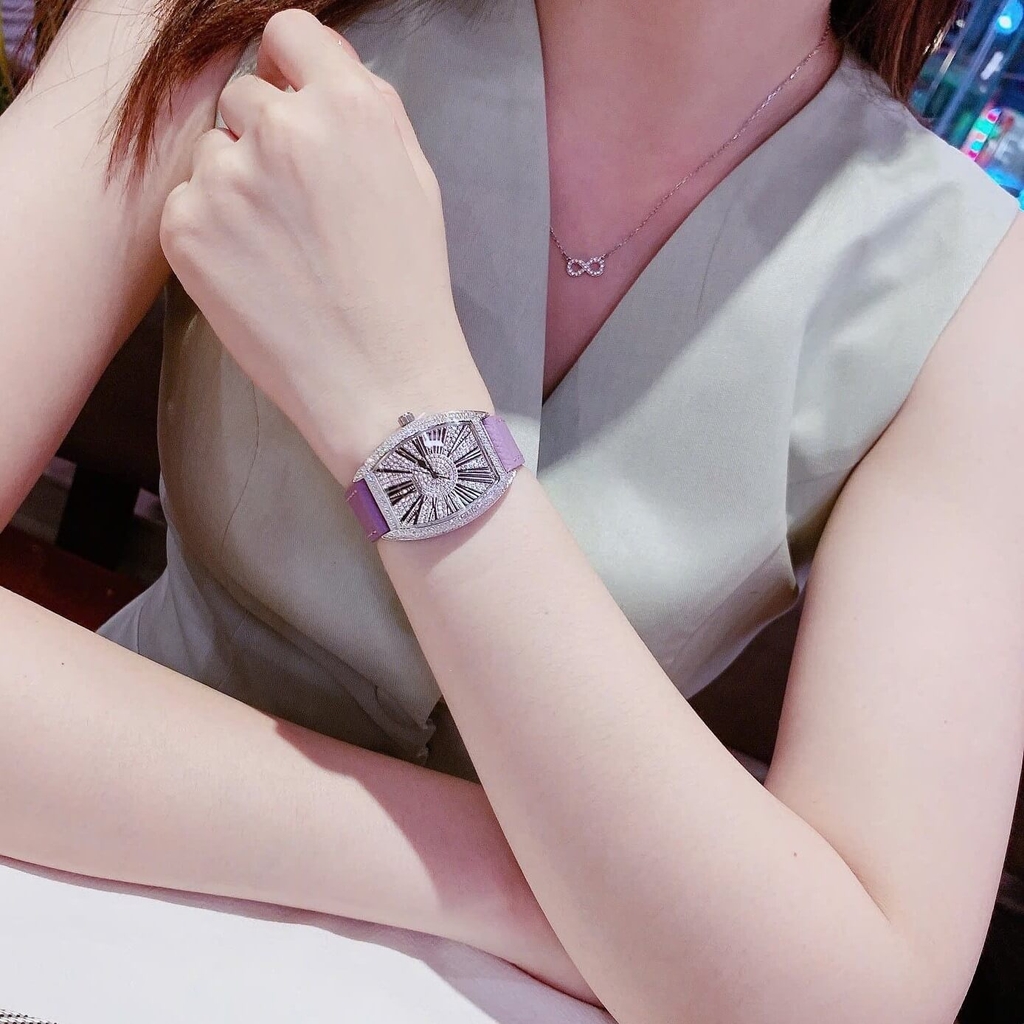 Đồng Hồ Nữ Rivero Dây Da Tím Mặt Oval Đính Đá Size 32mm Quartz Japan Chính Hãng
