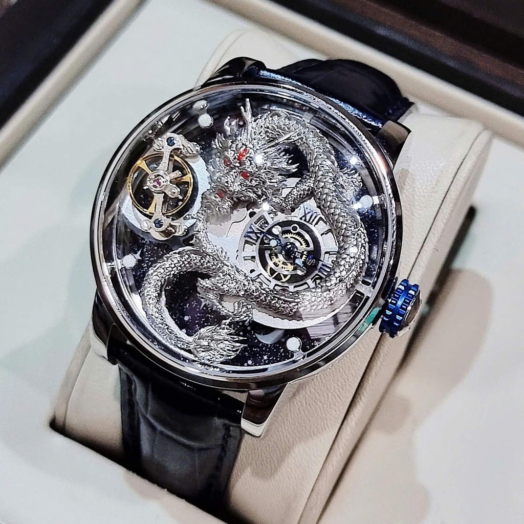 Đồng Hồ Nam Hanboro Automatic Dây Da Xanh Đậm Vỏ Silver Mặt Rồng Size 44mm HBR1018
