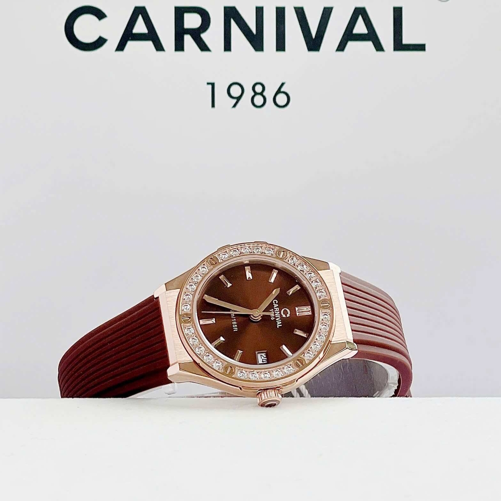 Đồng Hồ Nữ Carnival 8168L2 Dây Cao Su Nâu Đính Đá Rose Size 34mm Quartz 8168L2 VH-DCS-N