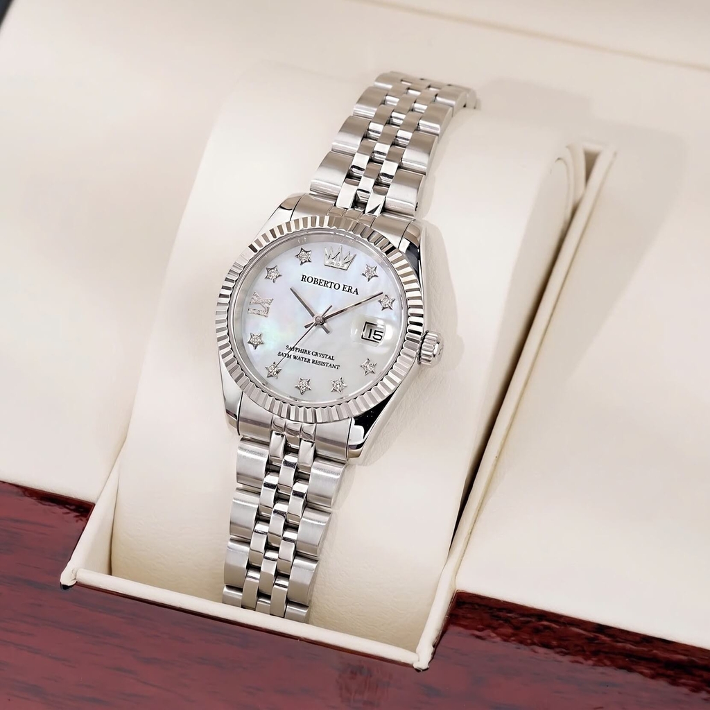 Đồng Hồ Nữ Roberto Era Dây Thép Silver Mặt Xà Cừ Trắng Niềng Khía Size 28mm RE1201