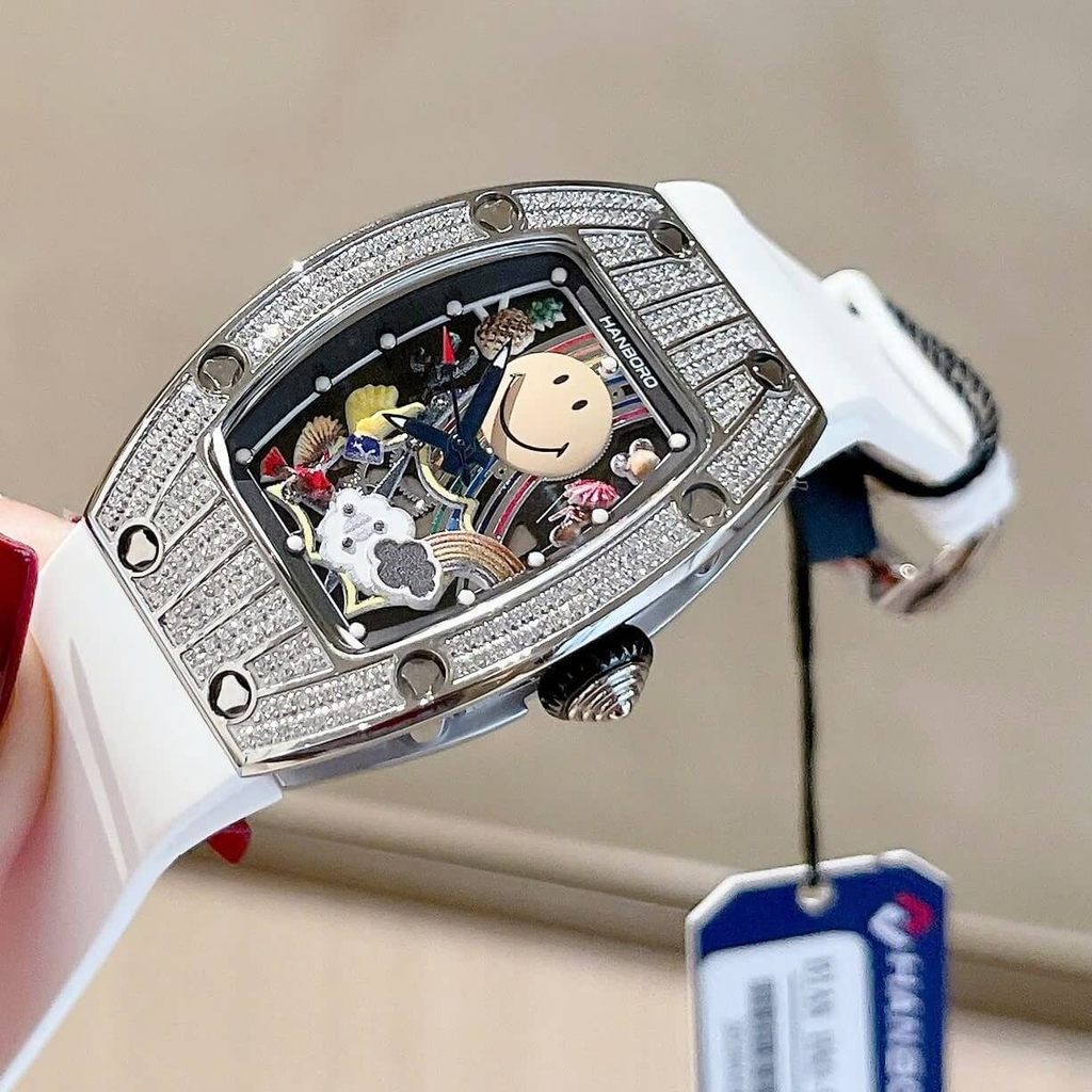 Đồng Hồ Nữ Hanboro Mặt Cười Dây Cao Su Trắng Chính Hãng Đính Đá Silver Mặt Size 36mm Quartz
