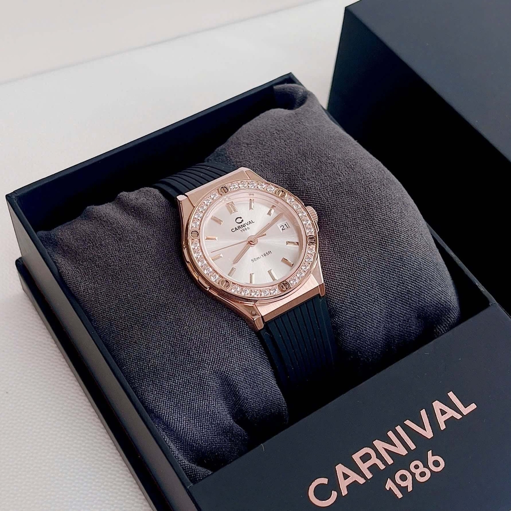 Đồng Hồ Nữ Carnival 8168L2 Dây Cao Su Đen Mặt Trắng Đính Đá Rose Size 34mm Quartz 8168L2 VH-DCS-T